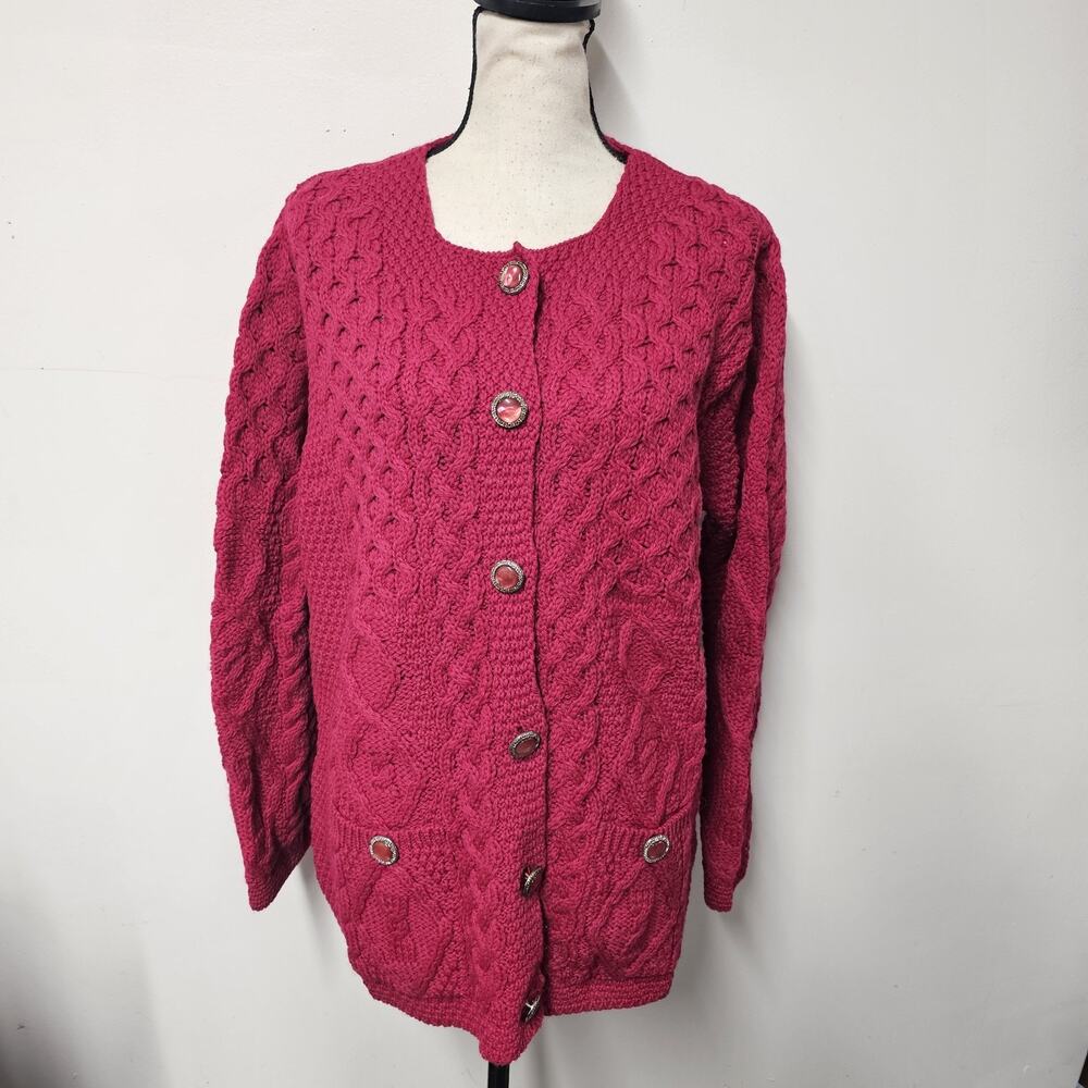 Aran Crafts Cardigan Womens L Red Fisherman Ireland Merino Wool Cable Knit
